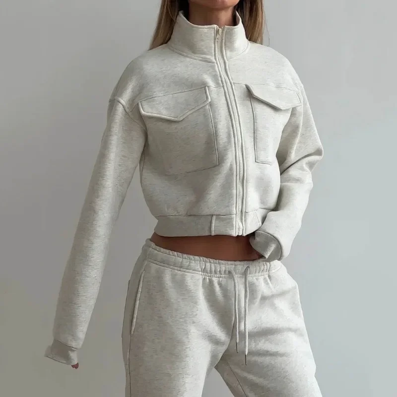 New Women's Casual Suit with Fashionable Zipper Short Style European and American Loose Fit Hoodie Long Pants Set, Two-piece Set