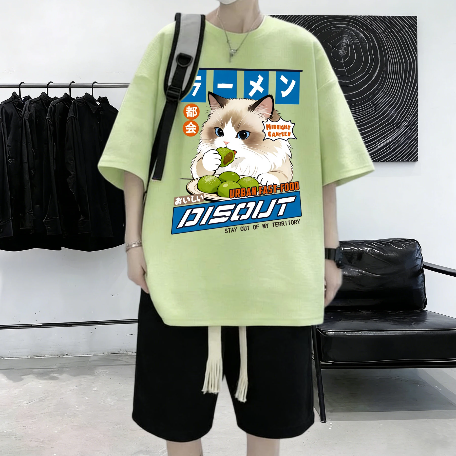 Puppet Cat That Likes To Eat Meatballs Prints Male Cotton Beach Summer T Shirt Thin Hip Hop Clothing Street Youth Short Sleeve