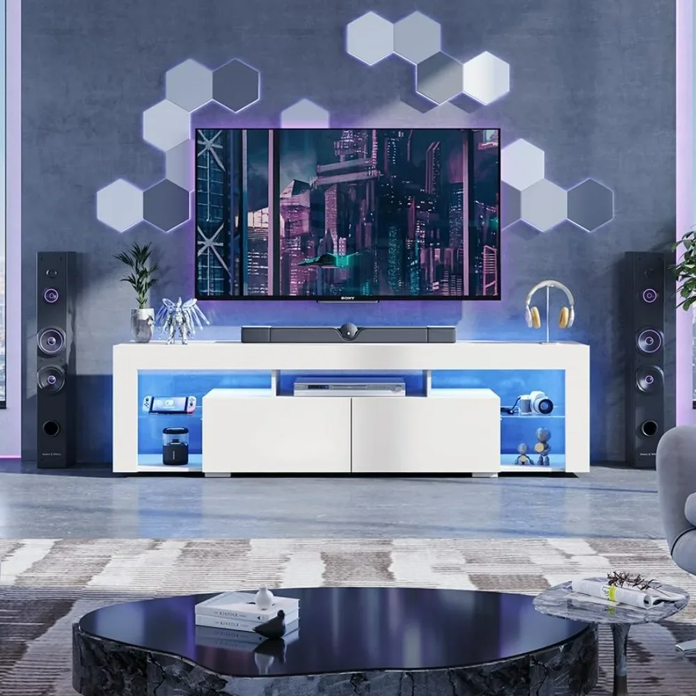 Suporte de TV de 63 polegadas, centro de entretenimento LED para TV de 60 a 70 polegadas, console de TV moderno com 2 gavetas, suporte de TV para sala de estar