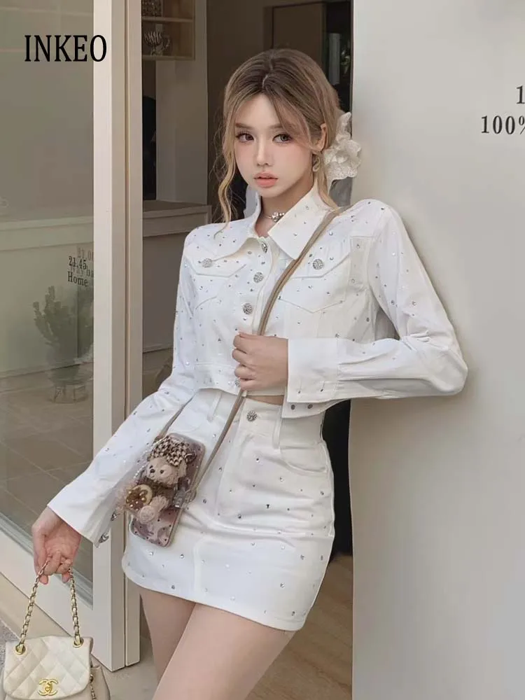 

Korean style Rhinestone denim jacket and High waist Skirt Women's 2025 Spring Stylish 2 Piece set Slim Pink White Black 5O040