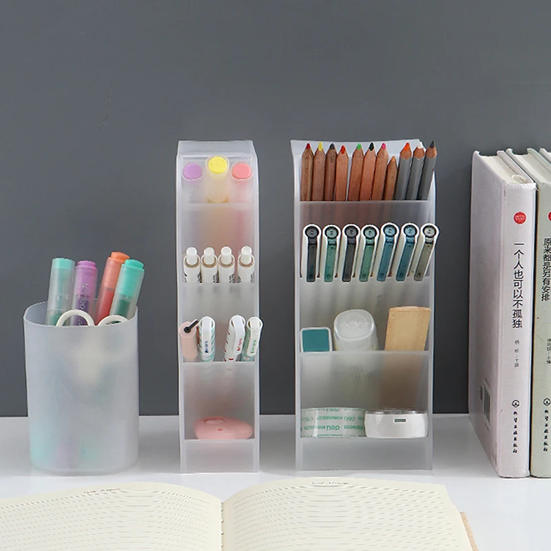 Desktop Transparent Frosted Pen Holder Inclined Makeup Brush Lipstick Storage Box Multi-functional Stationery Storage Box