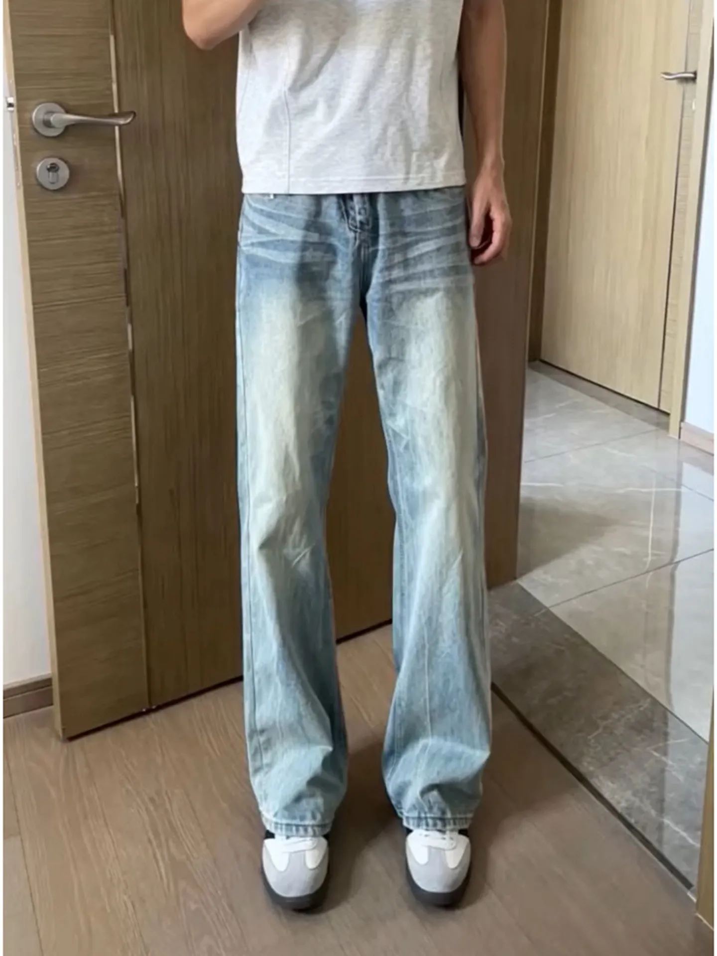 Washed Lightning Pattern Men's Jeans Spring Autumn Trendy High Street Couples Flared Pants Casual Straight Loose Fit Jeans