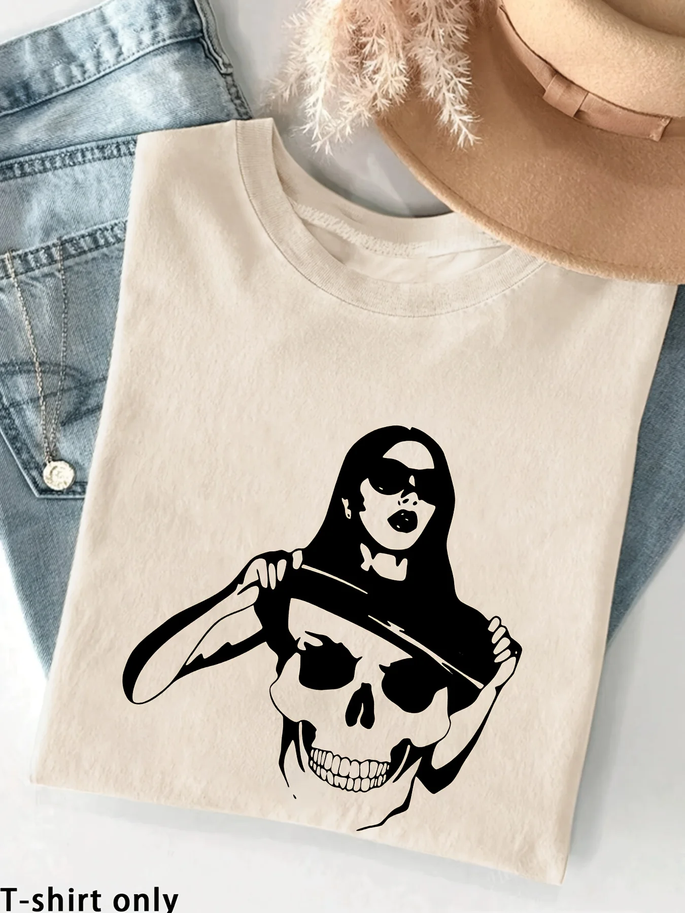 Cool Skull Print Pattern Women's T-shirt Comfortable Casual Style Short Sleeved Ideal Choice for Daily Commuting