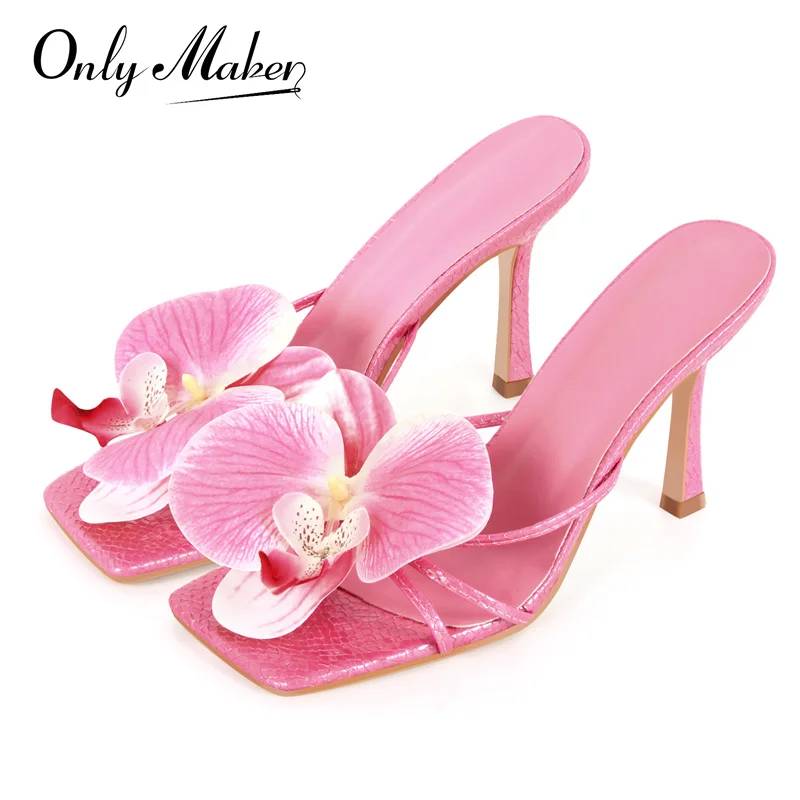 Onlymaker Women Pink Square Toe Flower Mulesl Orchid Heels for Woman Slip On Thong 10CM Thin Heel Sandals