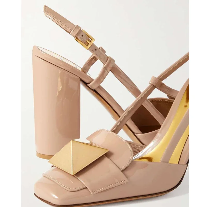

Square Toe Rivet Back Strap Thick Heel Sandals Buckle Solid Color Large Size High Heels