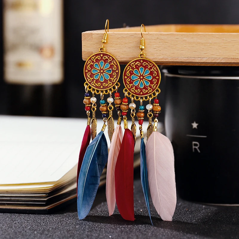 Classic Bohemian Long Feather Drop Dangle Earrings For Women Tassel Beads Handmade Flower Enamel Earrings Bride Wedding Earrings