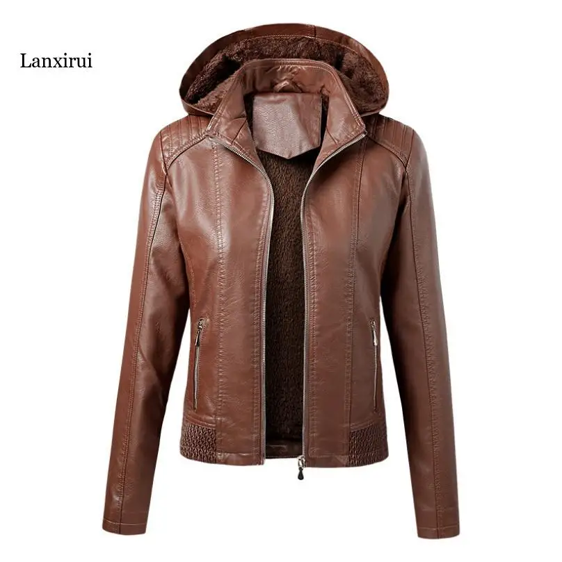 Faux Pu Leather Jackets Women Autumn Hooded Outerwear Pockets Zipper Coat Slim Biker Jacket Hoodies Plus Velvet