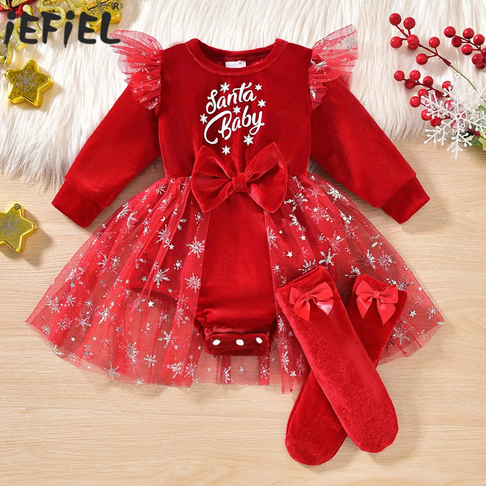 

0-18M Baby Girls Christmas Party Costume Long Sleeve Bowknot Ruffle Velvet Tulle Rompers Dress with Socks for Xmas Photography