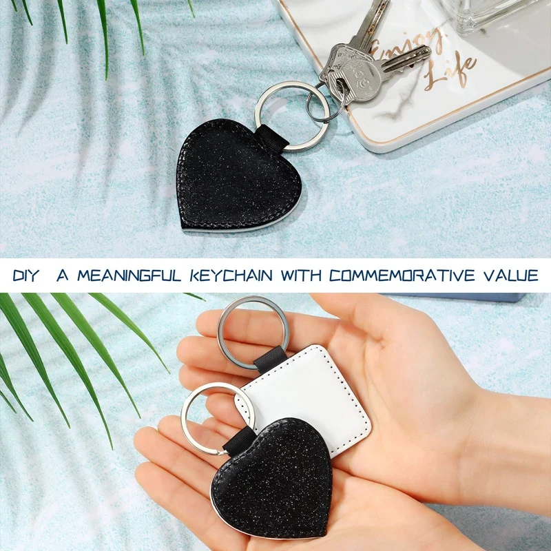 12 Pack Sublimation Blanks Keychain 4 Types Glitter PU Leather Keychain DIY Heat Transfer Keyring