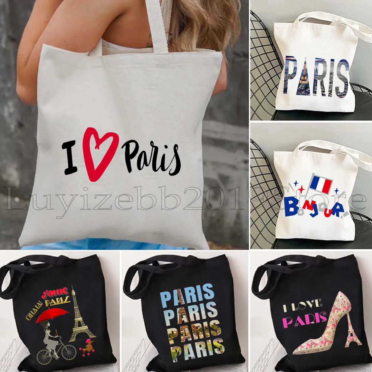 

Love Paris France Map Flag Eiffel Tower City Landmarks Pug Life Oh La La Baguette French Food Canvas Shoulder Tote Bag Handbag