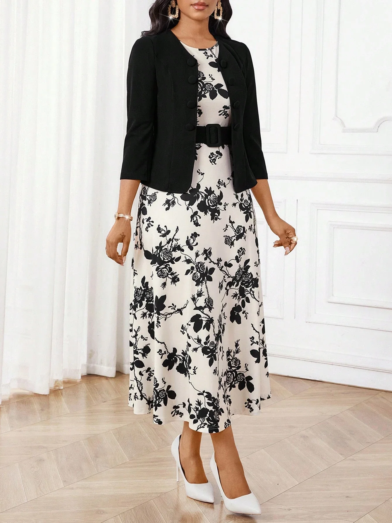 

Elegant Black And White Floral Sleeveless Dress With 3/4 Sleeve Open Front Cardigan Two Piece Set