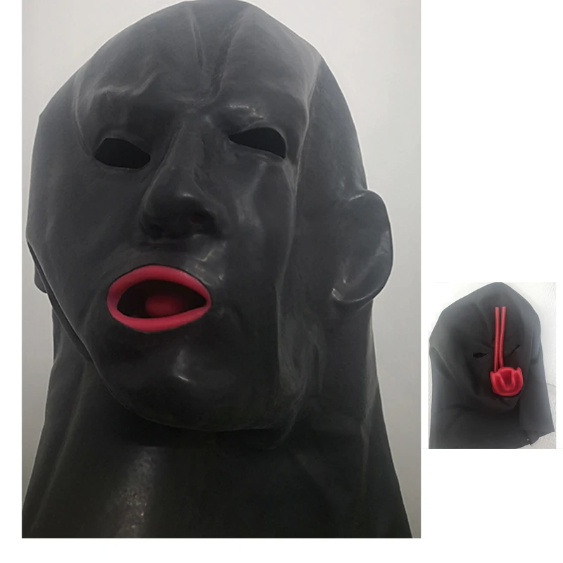 

3D Latex Hood Rubber Mask Open Eyes Fetish Hood with Red Mouth Gag Plug Sheath Tongue Nose Tube Long for Men