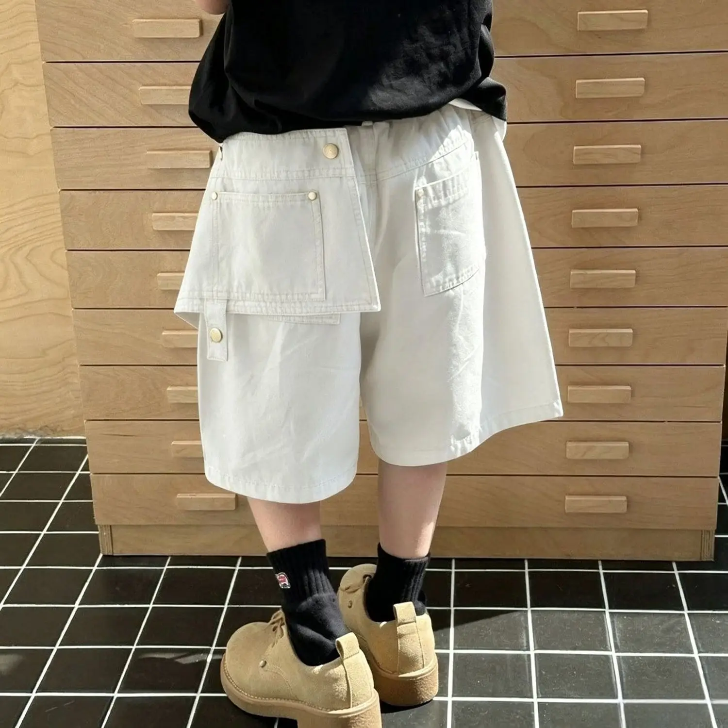 Boys Cargo Mid Length Shorts Military Green Wash Cotton Kids Shorts 2026 Summer Detachable Stylish