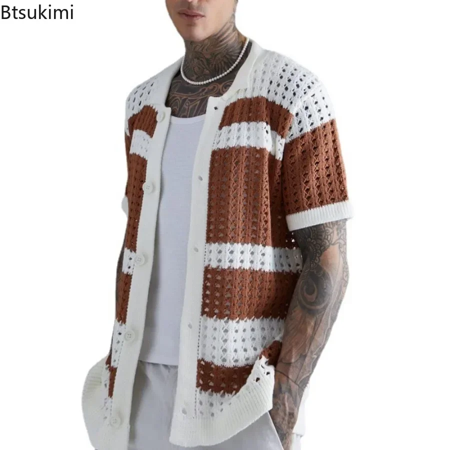 2024 Fashion Striped Patchwork Knitted Shirts for Men Summer Short-sleeved Hollow Out Tops Knit Casual Cardigan Male Streetwear