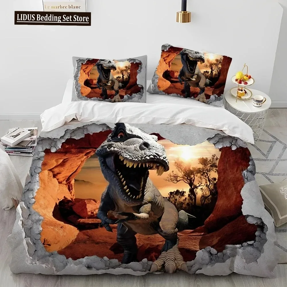 3D Cartoon Dinosaur Illusion Comforter Bedding Set,Duvet Cover Bed Set Quilt Cover Pillowcase,Queen Bedding Set For Boys Gift