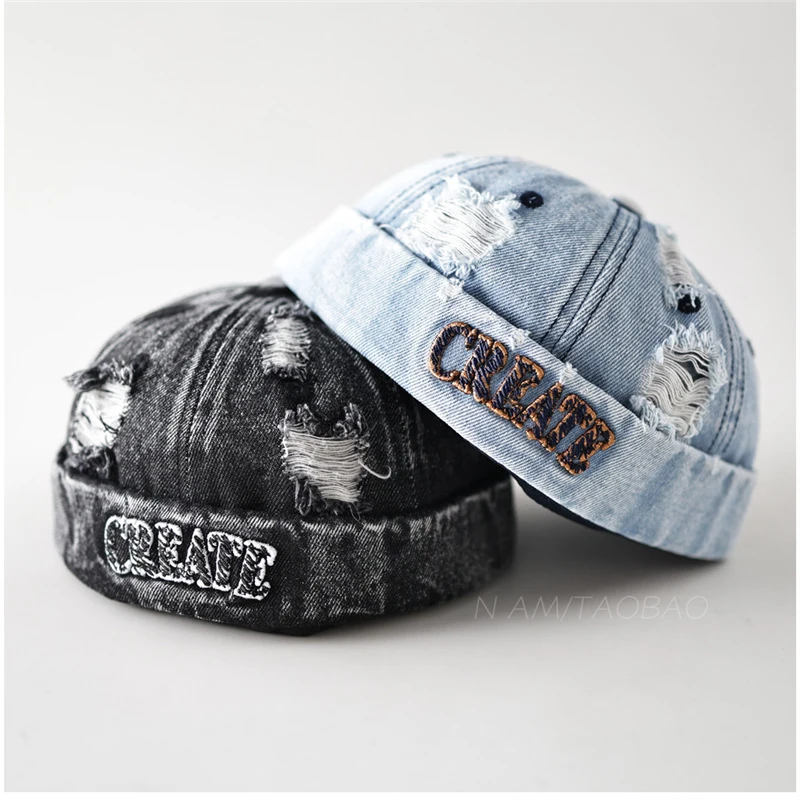 Letter embroidered ripped denim docker hat for men and women, couple style, fashionable, unique, trendy, casual, versatile