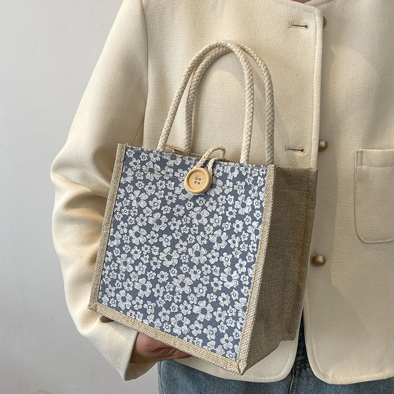 Broken Flower Handbag Women 2023 New Cotton Hemp Buckle Small Square Bag Japanese Fashion Bento Small Body Bag