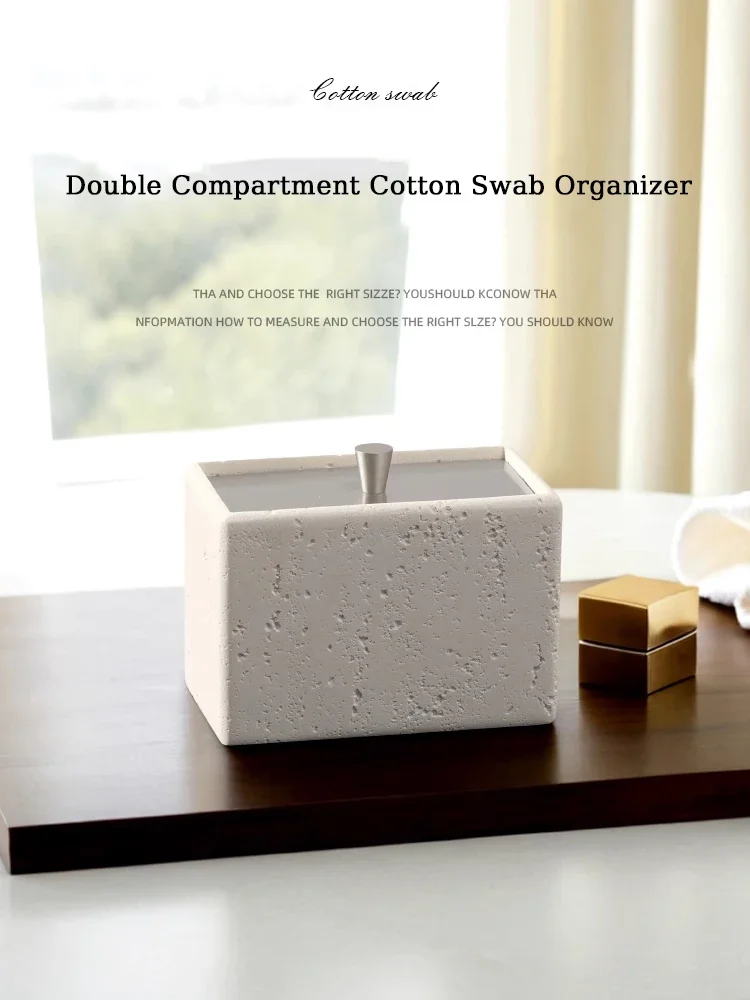 Retro Double Compartment Natural Marble Cotton Swab Storage Box, Household Toothpick Organizer, Living Room Desktop Organizer