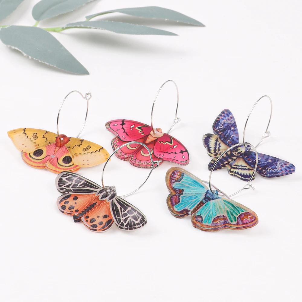 New Colorful Moth Butterfly Printing Acrylic Earrings for Women Cute Insect Insert Hoops Dangle Earrings Fashion Hanging Jewelry