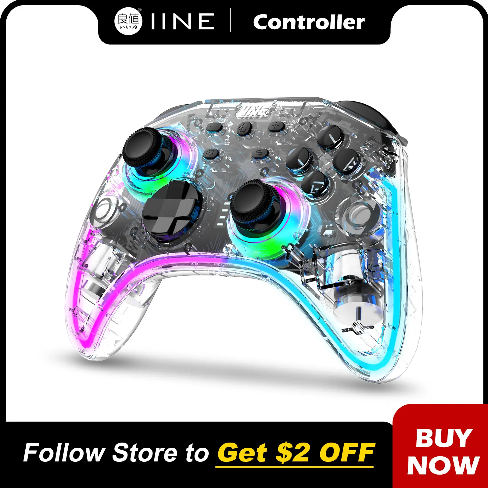 IINE Ares Transparent Wireless Controller with Headset Jack RGB Light compatible Nintendo Switch Steam