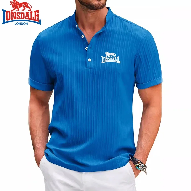 

Men's Exquisite Embroidered LONSDALE Striped Henry Polo Shirt, Summer New Luxury Fashion Casual Multifunctional Cool Top