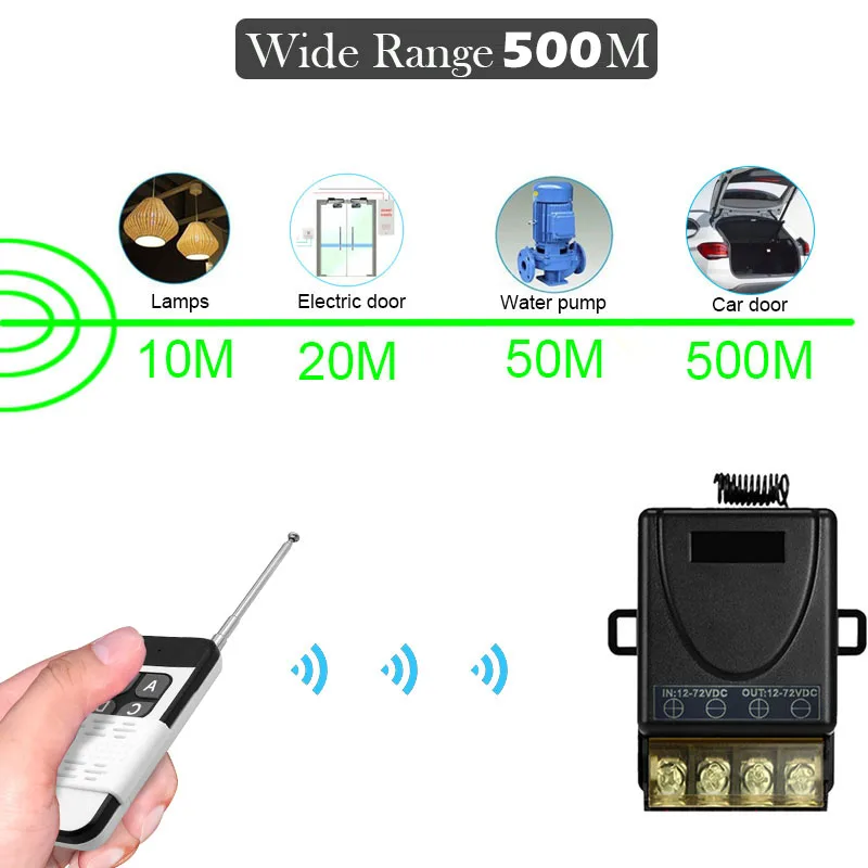 Interrupteur universel de contrôle à distance sans fil, 433 Mhz RF, DC 12V 24V 72V 40 Amp, relais 500 mètres, télécommande ON OFF, appareils