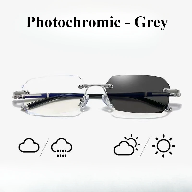 Myopie-Brille, rahmenlos, HD, optionale photochrome Brille, Anti-Blau, Anti-Ermüdungs-Klarsichtbrille für Herren