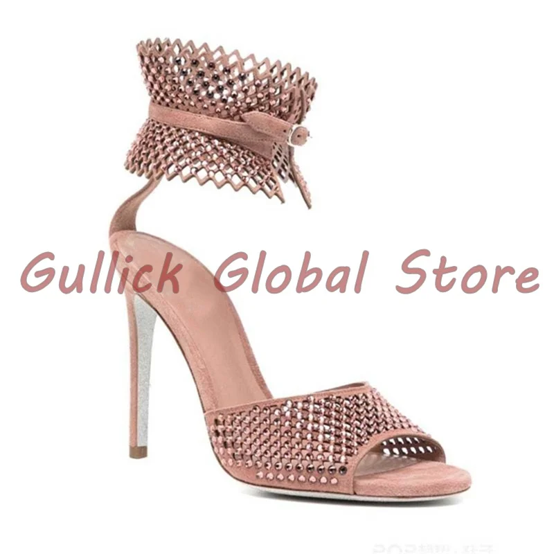 

New Broadband Diamond Sandals Round Toe Thin Heel Dress Summer Women High Heel Shoes Crystal Elegant Ladies Front Strap Buckle