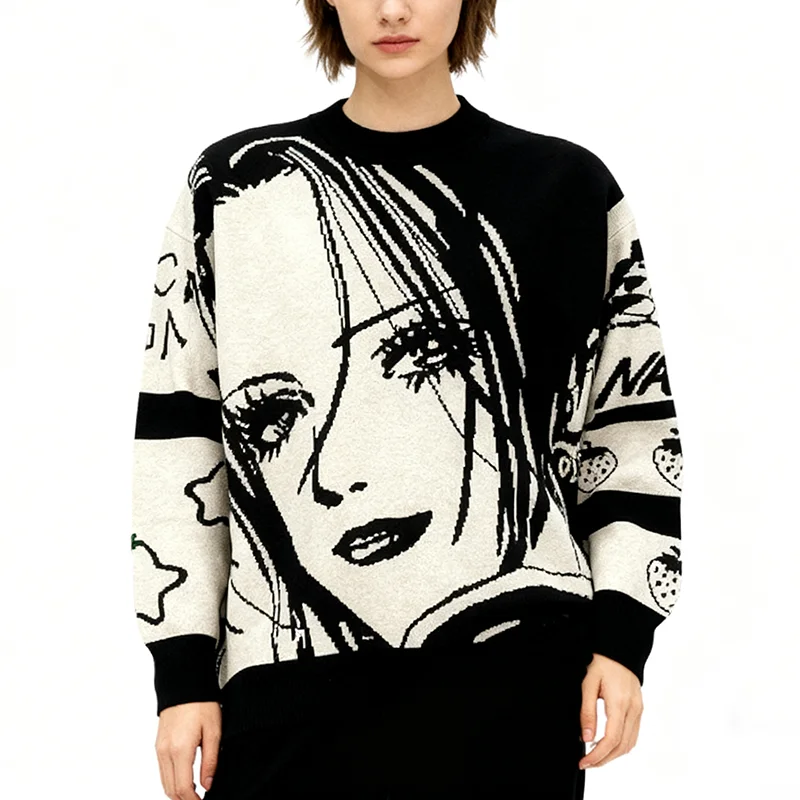 New Trendy Autumn/Winter Cartoon Crewneck Sweater Knit Long Sleeve Loose Hip-Hop Unisex Top