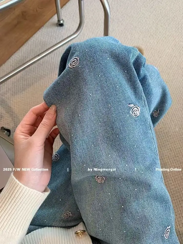 Jeans da donna Pantaloni a gamba larga Jean a vita alta Denim lavato Tasche vintage Pantaloni alla caviglia Cerniera con mosca Diamanti ricamati