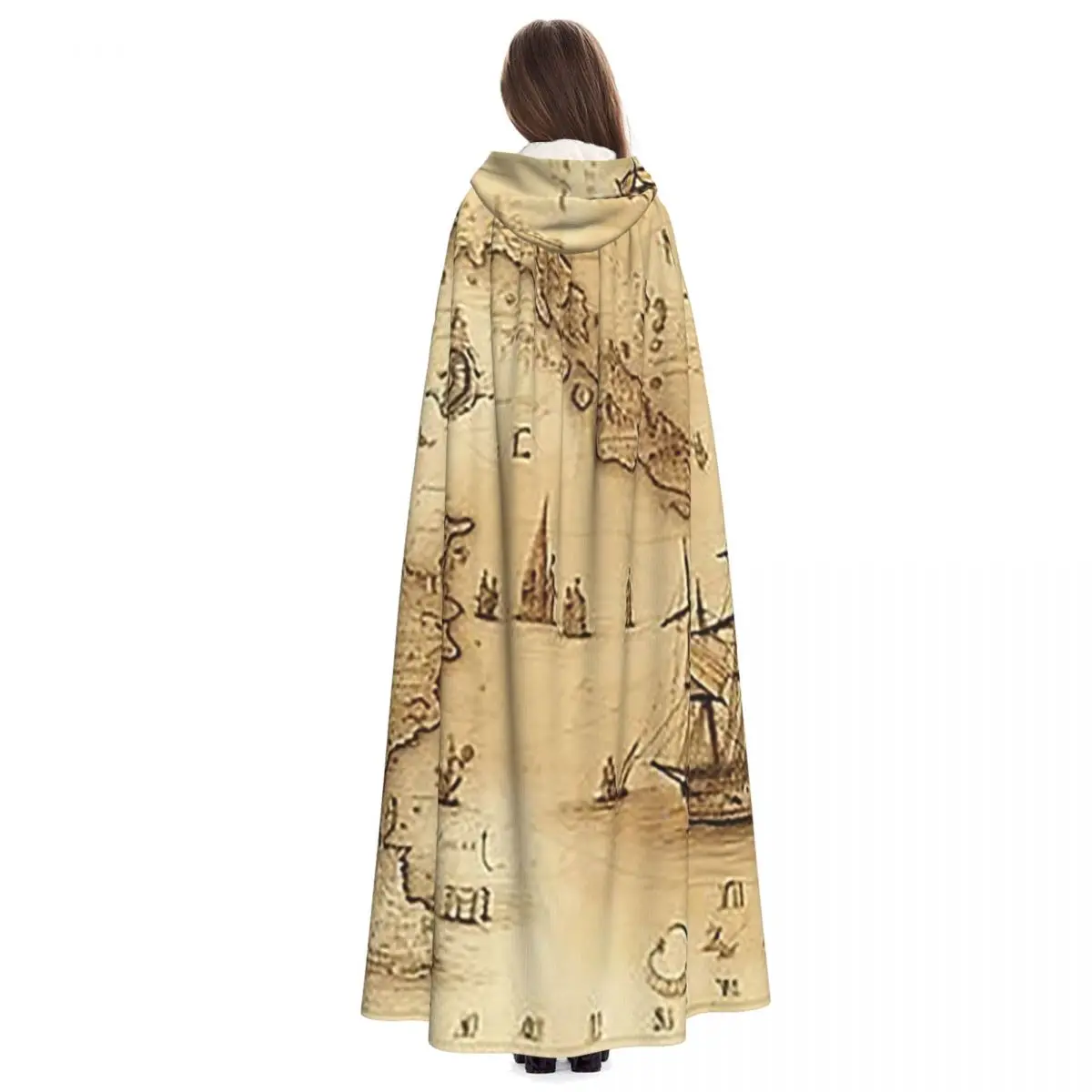 Vintage Pirats Map Pattern Long Hooded Cloak Witch Medieval Costume Cosplay Cape HalloweenVampire Adult Unisex