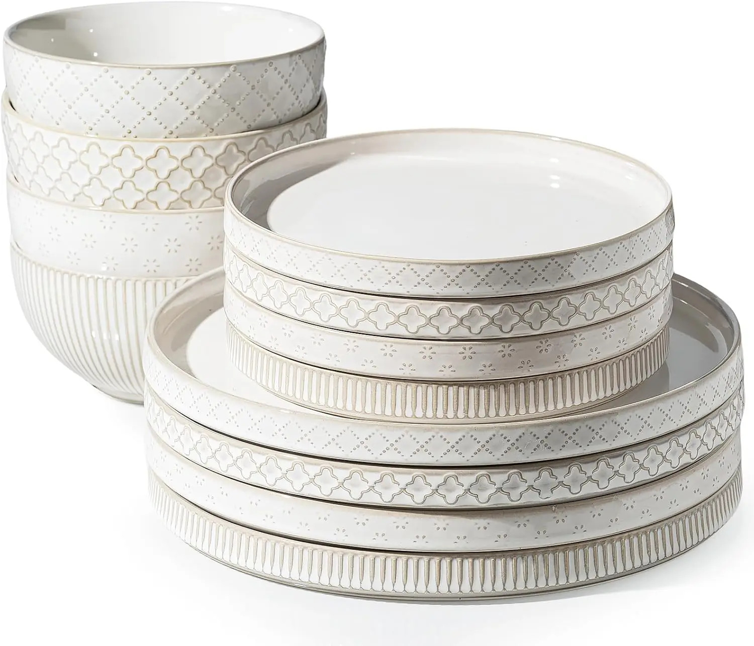 

Dinnerware Sets, Plates and Bowls Sets (10.5” Dish + 8” Dish + 6” Bowl) for 4, Microwave Dishwasher Safe, 12 PCS Ceramic Dinnerw