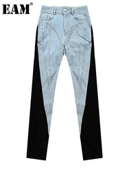 [EAM] High Waist Blue Color-block Pockets Long Pencil Jeans New Loose Women Trousers Fashion Tide Spring Autumn 2024 WT05205