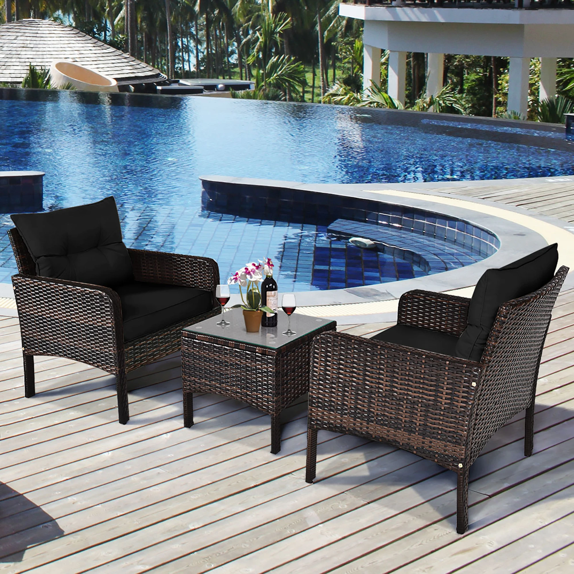 3PCS Outdoor Rattan Conversation Set Patio Garden Cushioned Sofa Chair Black