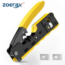 ZoeRax RJ45 RJ11 Pass Through Crimping Tool for Cat7/6A Cat6/5 Ethernet Modular Plugs Connectors With Stripper and Spare Blade