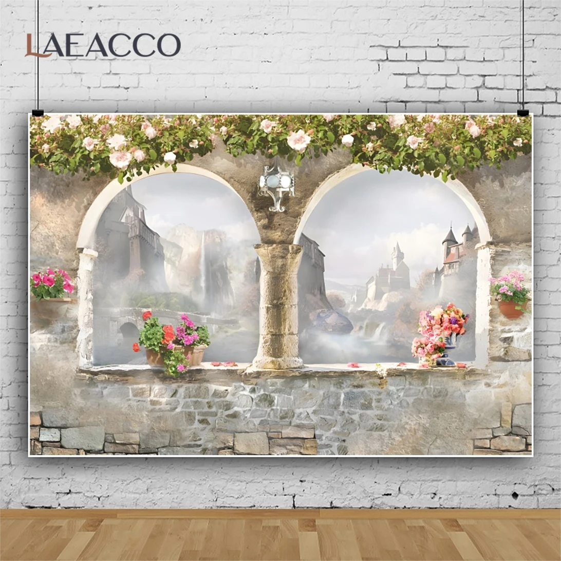 الربيع الزهور حديقة الخلفية ، قوس حجر الزفاف ، نافذة القلاع ديكور ، خلفية التصوير الفوتوغرافي ، الاطفال صورة التصوير الفوتوغرافي راية