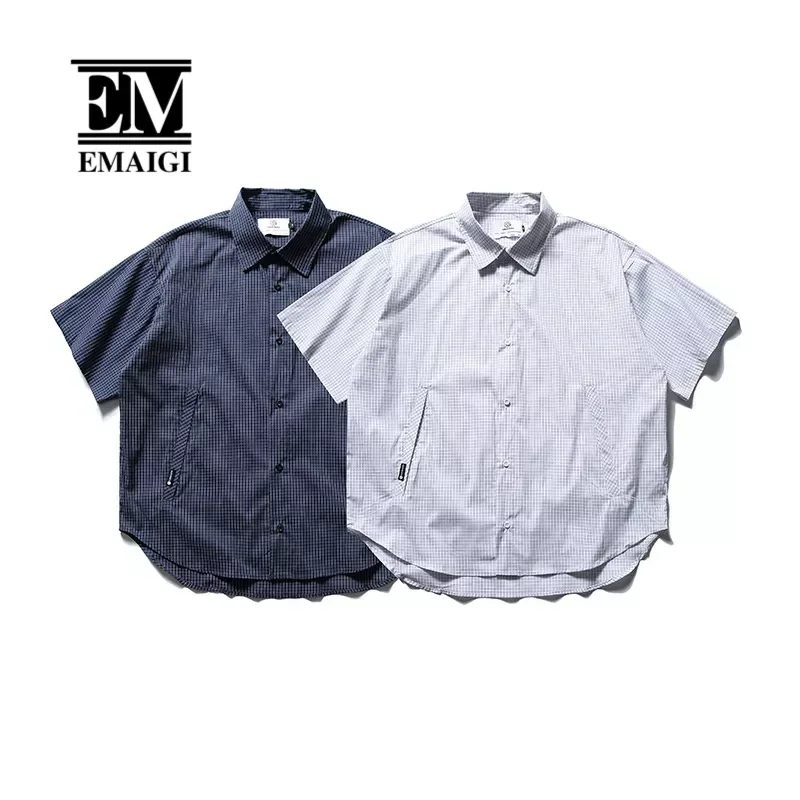 2024 Summer Plaid Short Sleeve Shirt Men Japanese Korean Streetwear Cityboy Loose Casual Shirts Male Blouses