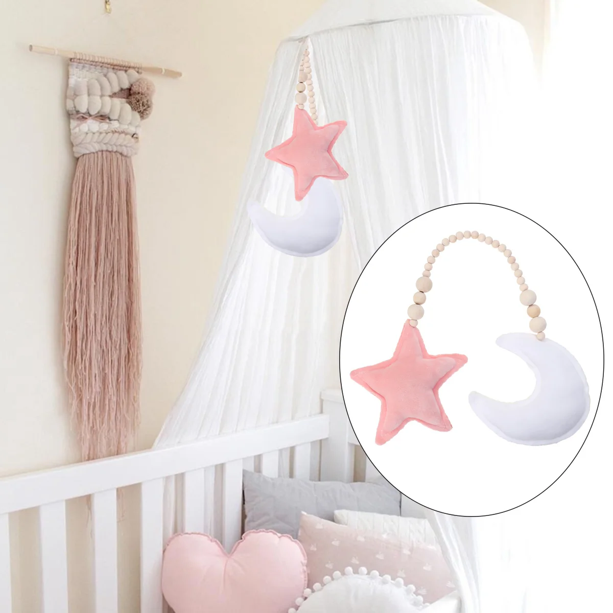

Moon Star Wooden Beads String Hanging Ornament For Baby Kids Room Crib Nursery Decor Diy Party Supplies Home Decorations (White