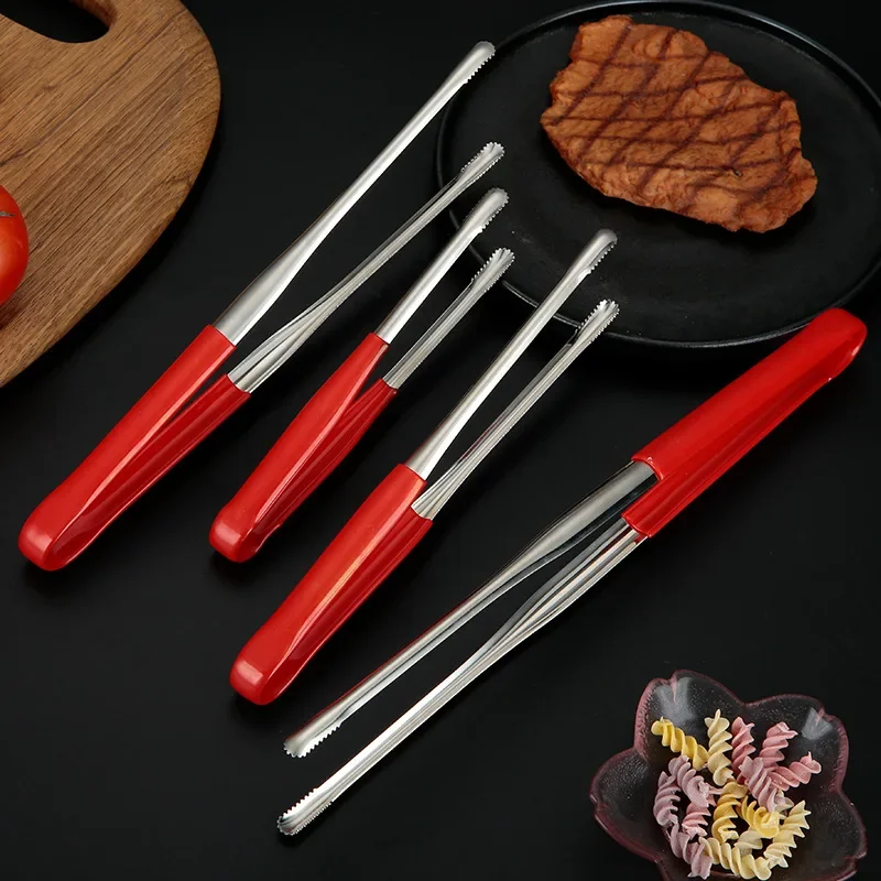 Stainless Steel BBQ Tongs Salad Food Meat Vegetable Red Glue Clips Bread Pasta Serving Tongs Non-Stick Kitchen Cooking Tools