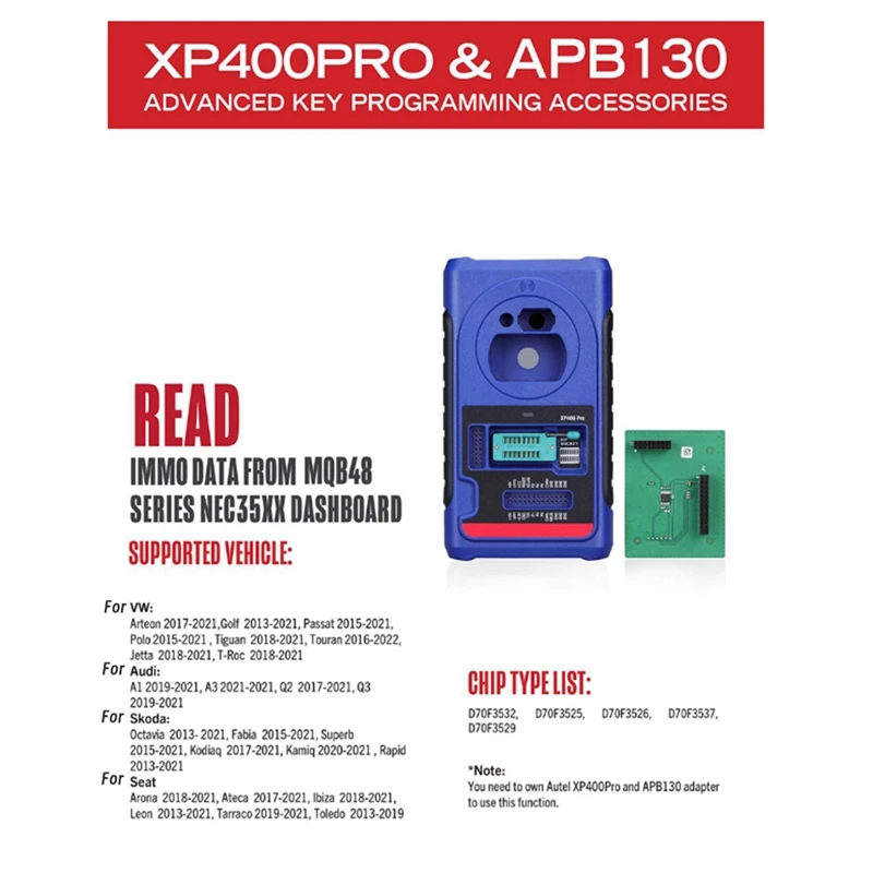 

APB130 Adapter Used With XP400 PRO Read IMMO Data From MQ48 Series NEC35XX Dashboard For VW IM608 IM508 IM508S