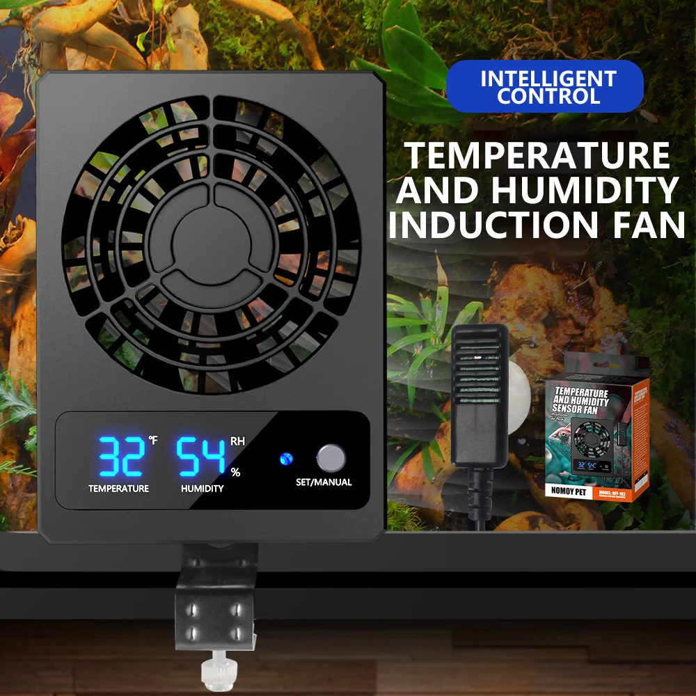 Reptile Box Fan Temperature and Humidity Sensor Control Digital Display Smart Fan Accessories for Amphibian Reptile Breeding Box