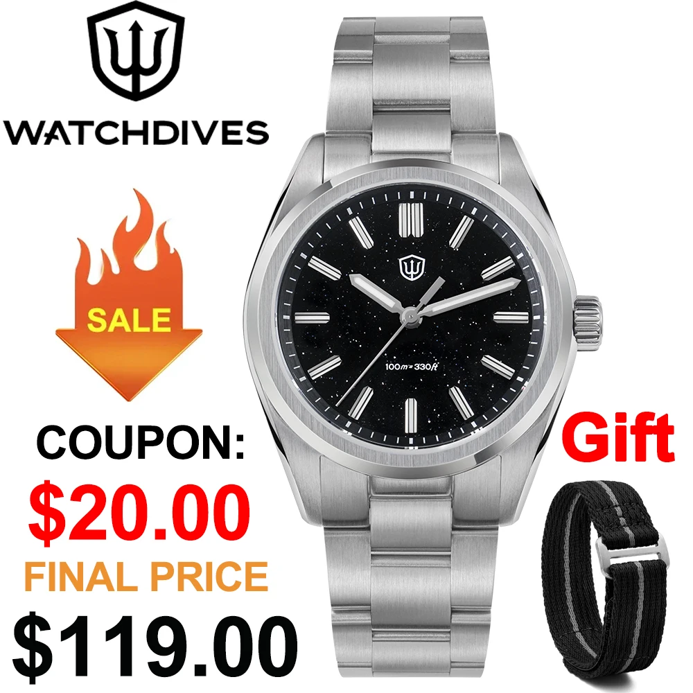 Watchdives WD0003 Original Design Aventurine Dial Men Watch VH31 Sweep Seconds Quartz Movement 36mm Watches Luminous Waterproof