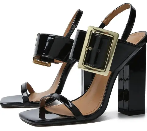 

Carpaton Fashion Gold Buckle Decorations High Heel Sandals Summer Open Toe Ankle Strap Chunky Heels Dress Shoes Sexy Sandals