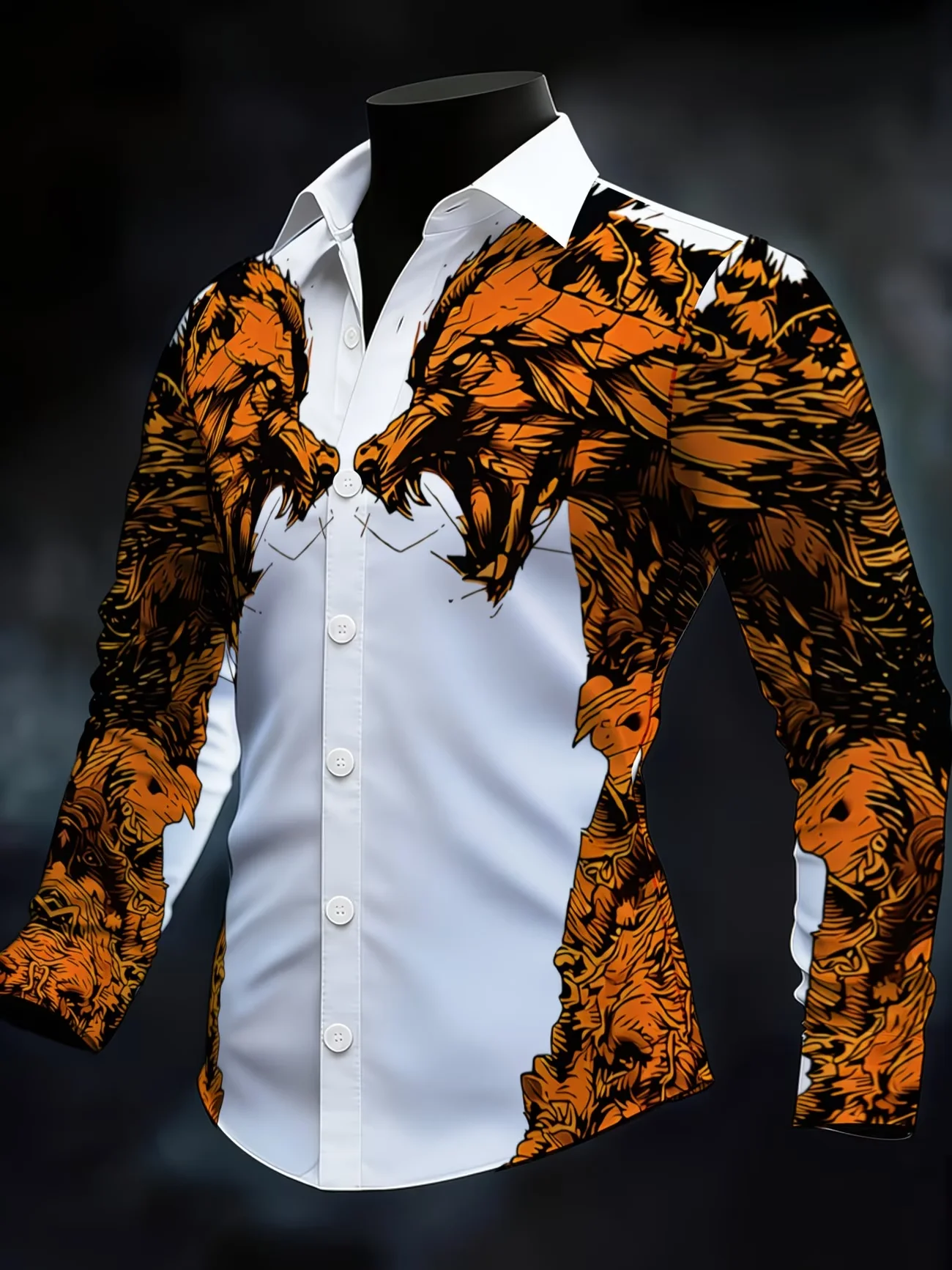 

New white orange contrasting wolf head 3D printed men's long sleeved shirt slim fit casual floral shirt clothing