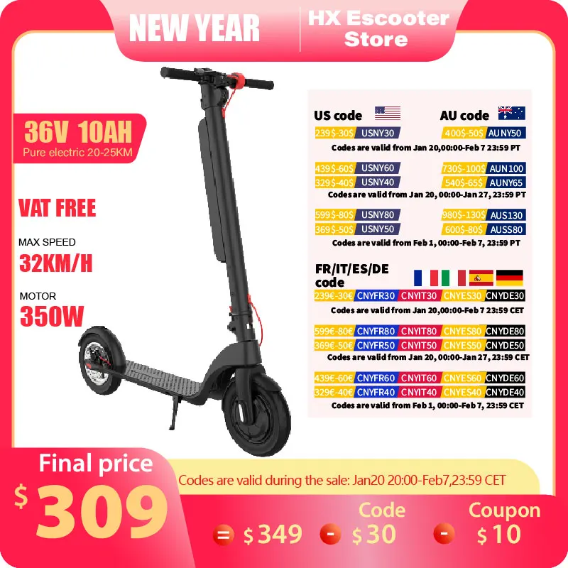 HX X8 Powerful Electric Scooter Adult 350W 10AH 36V Electric Kick Scooter Foldable 10.0 inch Wheel Self-Balance E Scooter