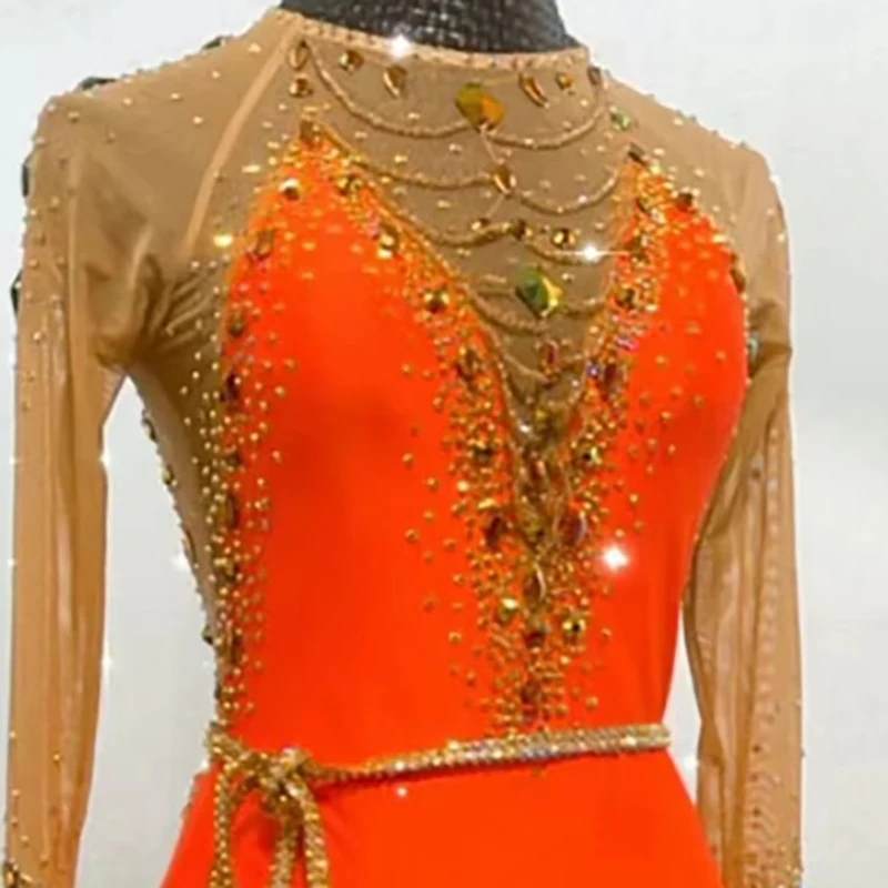 Latin Dance Dress High-end Custom Contrast Color With Diamond Stitching Mesh Cha Cha Tango Stage Professional Clothing