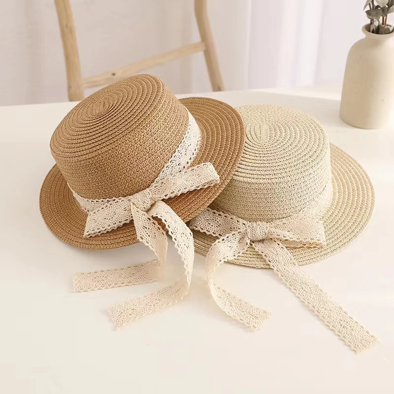 Lace Bow Straw Hat for Baby Girls Summer Wide-brim Sunshade Beach Cap Outdoor Travel UV Protection Kids Panama Sun Hats