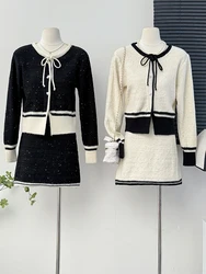 French Women Knit 2 Pieces Set Sequined Lace-up Long Sleeve Knitted Cardigan+Slim A-Line Short Skirt Autumn Suit