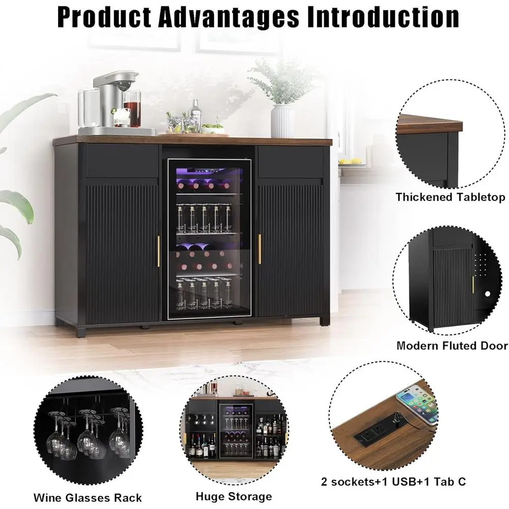 Spacious Coffee Bar Cabinet with Ridge Design, Mini Ridge Wine Cabinet, Buffet Sideboard, 53.2 Length
