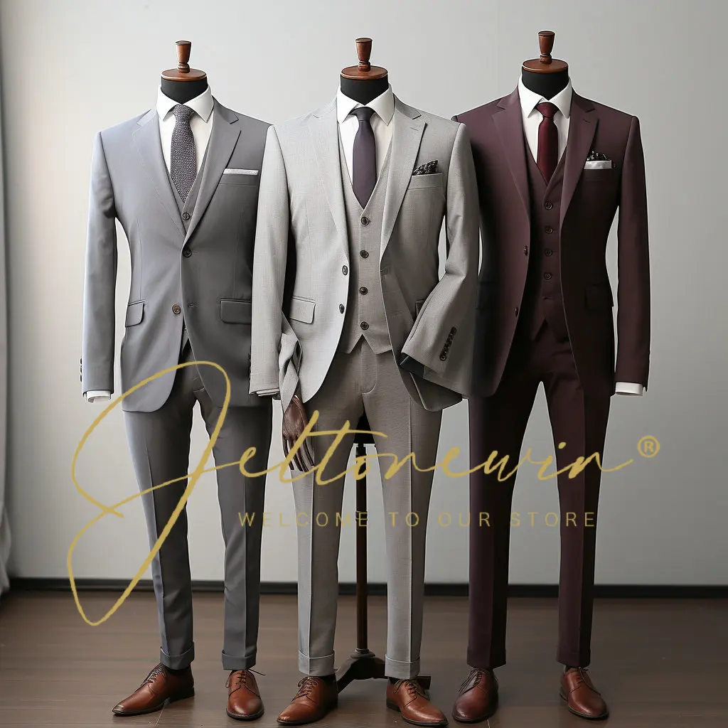 

New Men's Slim British Wedding Solid Color Dress Blazer / Male Three Piece Suit Coat Vest Pants Trousers Waistcoat Suits For Men